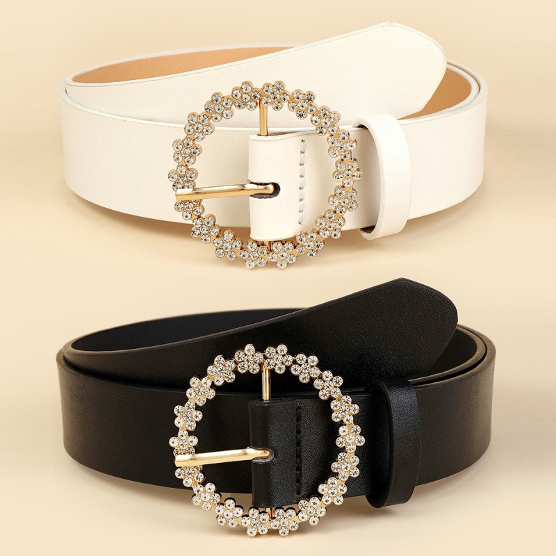 Off White Belt - เข็มขัดมินิมอลสุดเก๋พร้อมหัวเข็มขัดทรงกลมและประดับด้วยเพชรเทียม เข็มขัดหนังอเนกประสงค์สำหรับผู้หญิง เข็มขัดตกแต่งสำหรับชุดเดรส