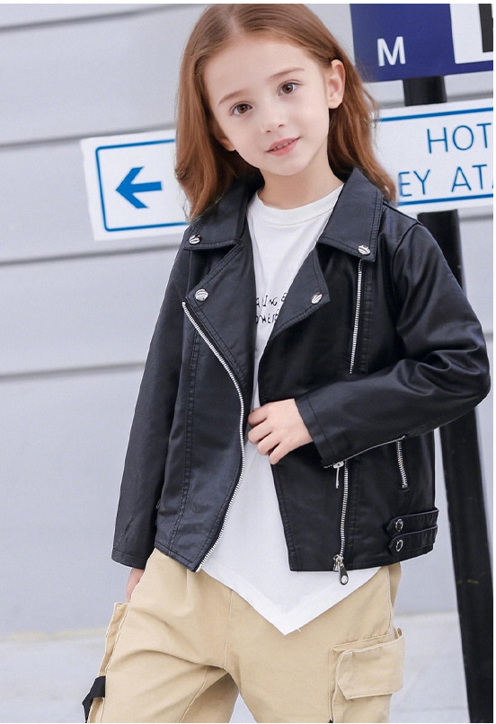 Streetwear Brand Logo Design - เสื้อแจ็คเก็ตหนัง PU สีดำสำหรับเด็กผู้หญิงอายุ 3-12 ปี สไตล์นักขี่มอเตอร์ไซค์