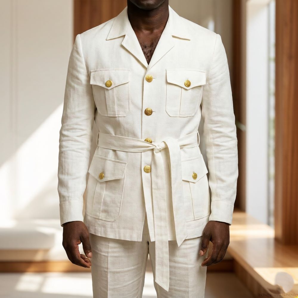 ชุดสูทซาฟารีผ้าลินินสีขาวสำหรั - Off White Belt บทวิจารณ์และราคา